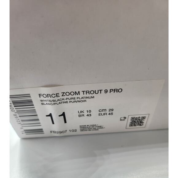 Mens Size 11 Nike Baseball Cleats Force Zoom Trout 9 Pro White Pure FB2907-102